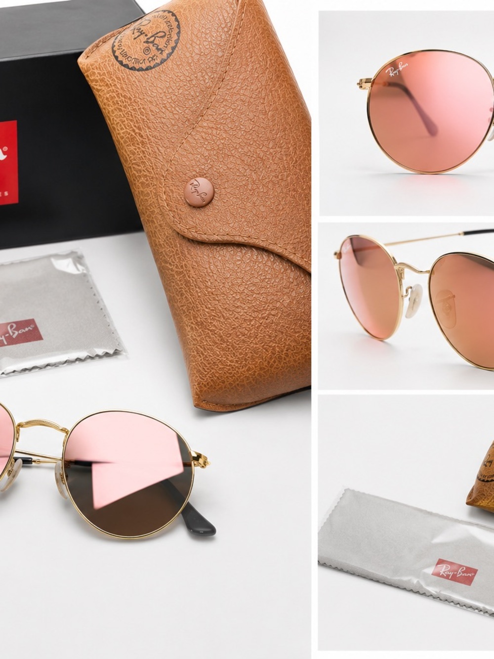 Ray-Ban Women's Gold Frame Sunglasses with Pink Lenses and Brown Case
